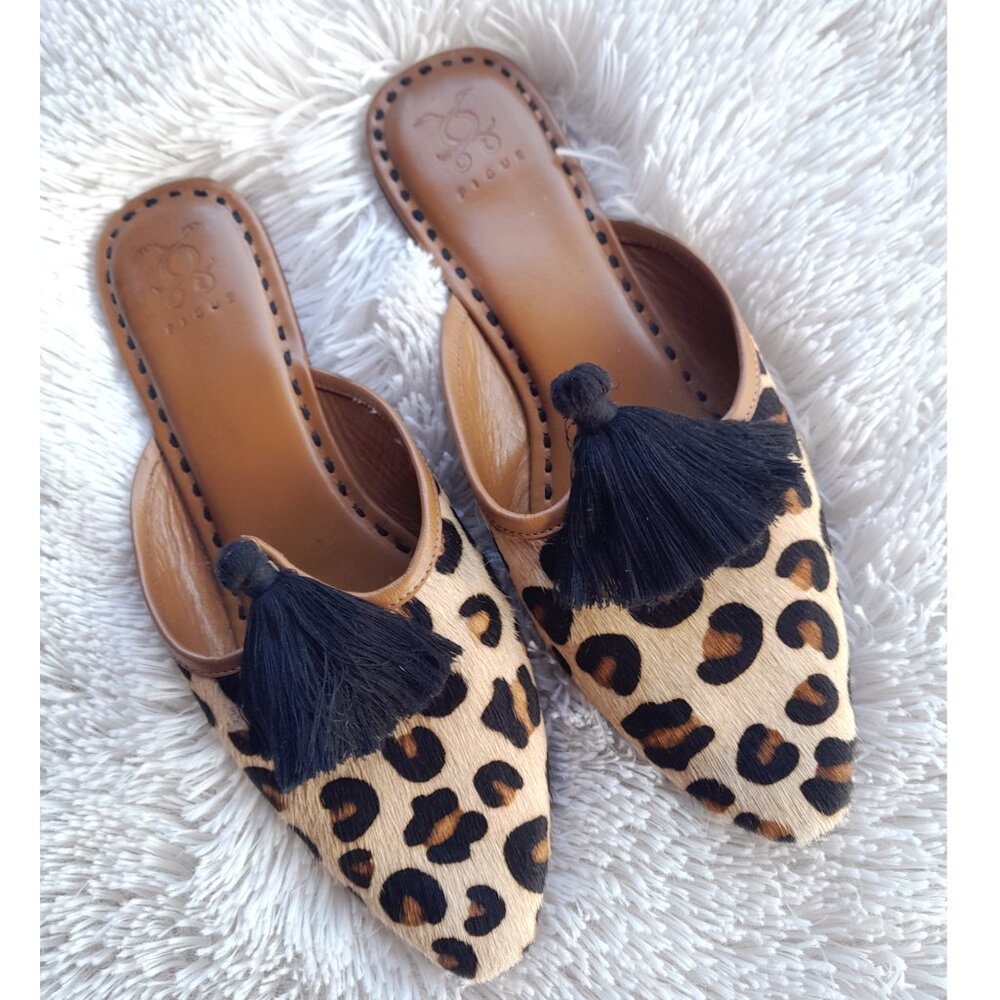 Figue Audrey Mules Size 9 Animal Print Black Tassels Guc